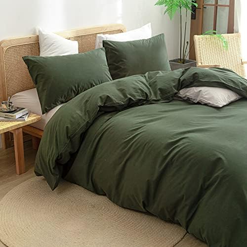 BESTOUCH Cotton Solid Duvet Cover Set Linen Feel Olive Green Full - Image 2