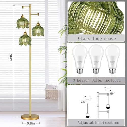 Glass Floor Lamp for Living Room,Bedroom,Gold Mid Century Modern Standing Lamp Brass Tree 3 Light Tall Floor Lamps Vintage Retro Floor Lights Green Flower Lamp Shade Farmhouse Boho Bohemian - Image 5