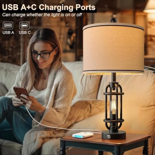 G-SAFAVA 24'' Table Lamps for Living Room Bedroom Set of 2 Industrial Touch Lamp with USB A+C Ports, Night Light Farmhouse Vintage Nightstand Bedside Lamps for Night Stands Metal Black, Bulbs Included - Image 3