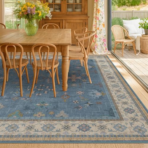 Boho 6x9 Living Room Rugs - Modern Dark Blue Dining Room Rug for Under Table, Lightweight Washable Foldable Low Pile Carpet, Eclectic Floral Bedroom Décor Aesthetic - Image 3