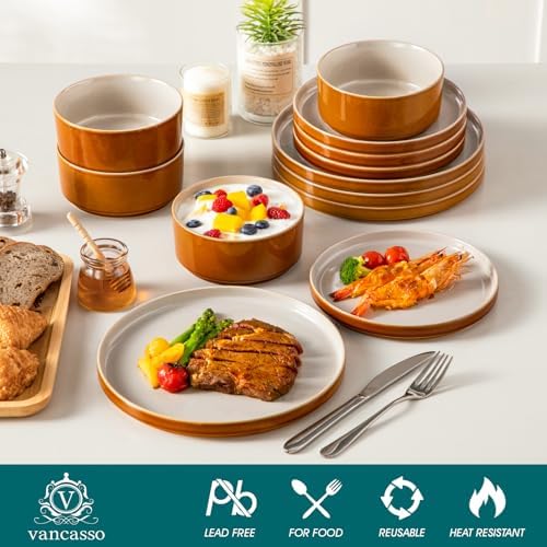 vancasso ONION Ceramic Plates and Bowls Sets, 12 Pieces Grey Dinnerware Sets for Kitchen, Reactive Glaze Dishes Set for 4, Dishwasher and Microwave Safe - Image 3