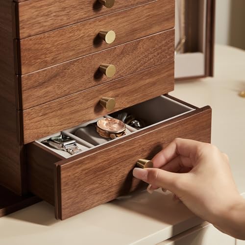 CHOSIN Black Walnut Wooden Jewelry Box for Women with Lock, Mirror, 6 Layer - Image 6