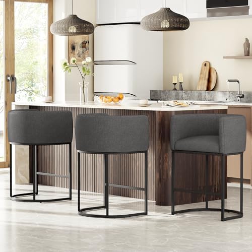 26" H Counter Height Bar Stools Set of 3, Modern Barrel Counter Stools with Backrest and Arms, Linen Fabric Upholstered Accent Barstools for Kitchen Island,Support 450 LBS (Carbon Black) by VATROS