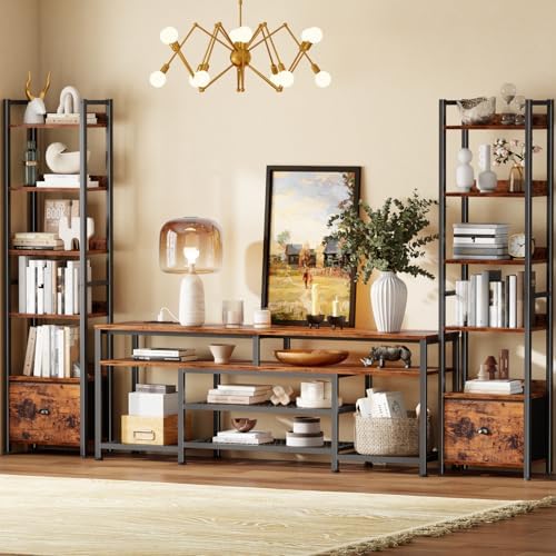 Furologee Book Shelf Set of 2, 6 Tier Tall Shelf with Drawer, Bookshelves and Bookcases Set of 2, Industrial Display Shelving Unit for Bedroom, Living Room, Home Office, Rustic Brown - Image 2