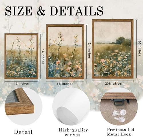 AVECCO 3 Pieces Vintage Wildflower Field Wall Art Framed Canvas 20x30 inch - Image 6