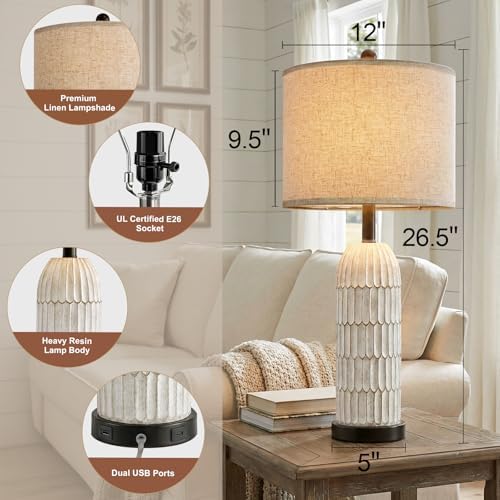 OYEARS 26.5" Bedside Table Lamps Set of 2, Farmhouse Table Lamp with USB A+C Charging Ports,Vintage Nightstand Lamp for Bedrooms and Living Rooms, Retro Resin End Table Lamp with Linen Shade,Black - Image 3