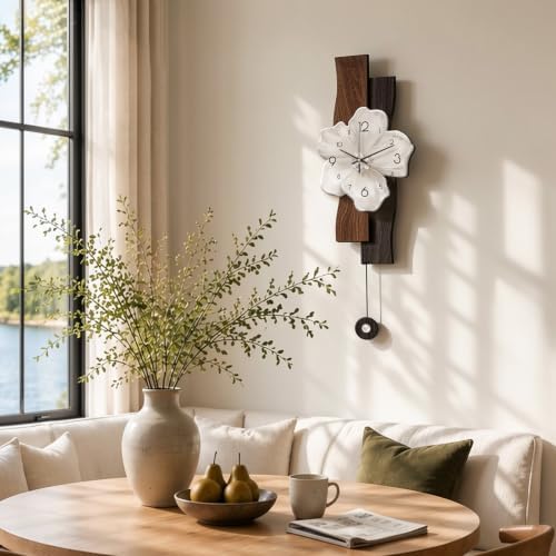 Flower Wall Clocks Battery Operated Decorative with Pendulum 9*24in,Brown - Image 3