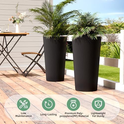 24" Tall Round Planters for Outdoor Plants Fluted Finishes - Black - Image 5