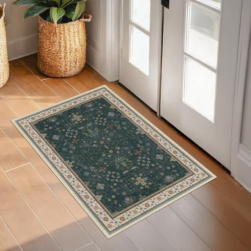 Dark Green Oushak 2x4 Entryway Rug - Modern Vintage Boho Eclectic Floral Pastel, Washable Low Pile Non-Slip Small Throw Area Rugs for Door Mat Indoor Entrance, Kitchen, Bathroom, Bedroom, Laundry - Image 5