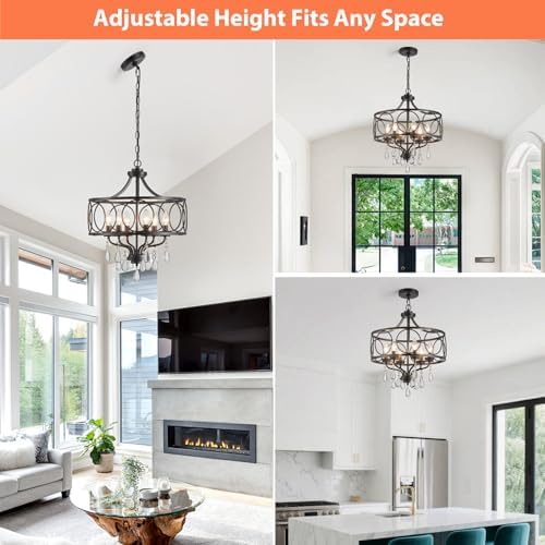Modern Black Chandelier 17.7" Metal Crystal Pendant Lighting Fixture Hanging 6-Light for Dining Room Bedroom Living Room Kitchen Entryway - Image 6