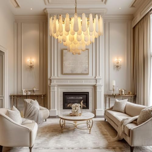 Alabaster Chandelier, D31.5 in Modern Feathery Round Chandelier, 6-Tiers Luxury Large White Marble Brass Chandeliers for Dining Room Bedroom Foyer Living Room Entryway - Image 3