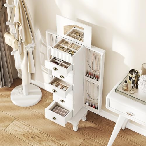 DREAMADE Jewelry Armoire, Standing Jewelry Box w/Mirror & 7 Drawers, White - Image 2