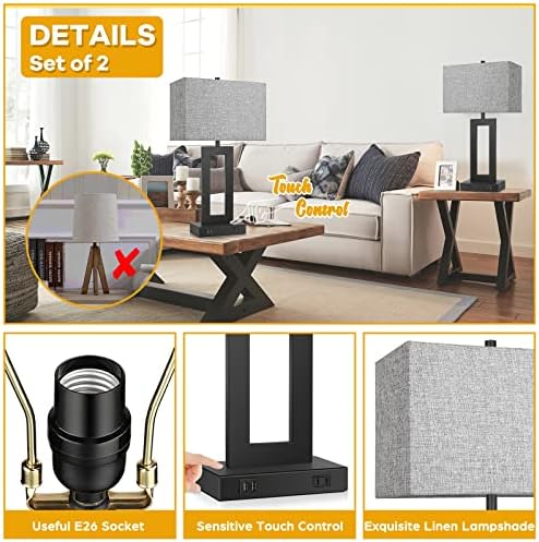 TOBUSA 22" Table Lamp Set of 2 with 2 USB Ports, Modern Nightstand Lamp - Image 6