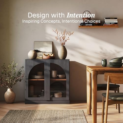 BELLEZE Bijou 31.5" Modular Sideboard Cabinet - Expandable Design w/Arched Glass Doors - Use Solo or Combine for Buffet, Living Room Media Center & Entryway - 70lbs Capacity, Ebony - Image 3