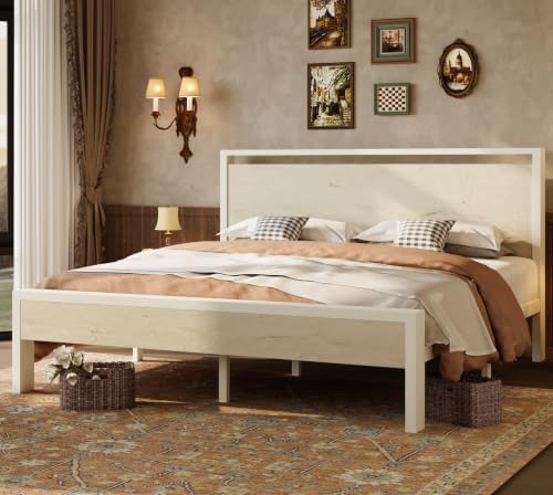 SHA CERLIN 14 Inch King Metal Platform Bed Frame with Wooden Headboard and Footboard, No Box Spring Needed, Large Under Bed Storage, Heavy Duty Slats Support, White Washed Oak by SHACERLIN