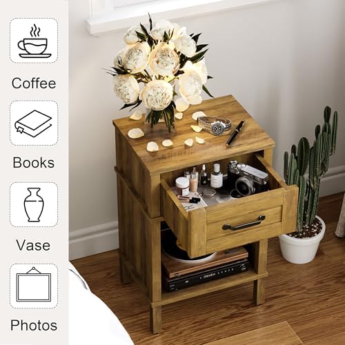 Small Brown Night Stand,Rustic End Table,Wood Nightstand with Drawer - Image 5