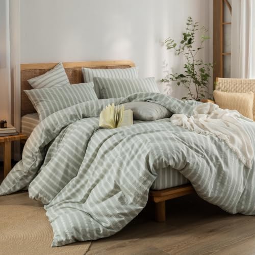 BESTOUCH Striped Cotton Duvet Cover Set Linen Feel Super King Plus - Image 5