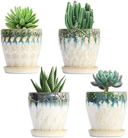 Succulent Planter 4 inch, Succulent Pot with Drainage Holes, Saucers and Mesh Pads for Indoor Plants, Ceramic Pot for Indoor Plants- Set of 4 by YFFSRJDJ