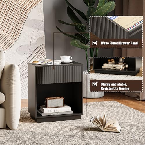 Fluted Nightstands Set of 2, Modern Bedside Table with Storage Drawer and Open Wood Shelf, Wood End Table Mid Century Night Stands for Bedroom Living Room Sofa Couch Office (Black) - Image 3