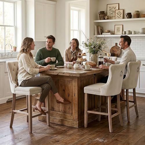 SoarFlash Modern Velvet Upholstered Bar Stools Set of 6 with Wood Legs, Button Tufted,Chrome Nailhead, Counterstool Seat, Armless Bar Chairs (Beige) - Image 3