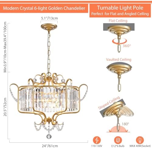 Modern Crystal Chandelier for Dining Room 24" Large Gold 6-Light Farmhouse Pendant Lighting Fixtures for Living Room Kitchen Island Hallway Bedroom Foyer - Image 3