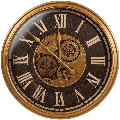 Large Real Moving Gears Wall Clock 24 Inch,Roman Antique Brass Brown - Image 2