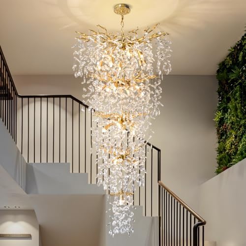 118'' Long Chandelier for High Ceiling, 28-Light Luxury Gold Tree Branch Crystal Chandelier, Large Chandeliers for High Ceilings Staircase Foyer Entryway, 5-Tier Modern K9 Crystal Raindrop Fixture by YUYILIGHTING
