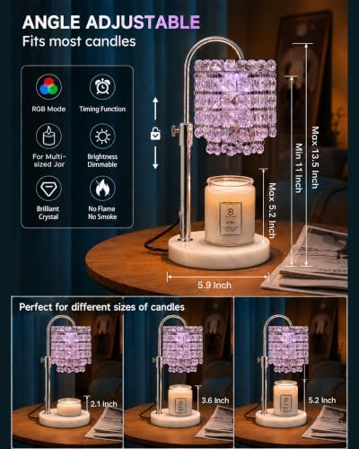 Candle Warmer Lamp with Timer & Dimmable Crystals Candle Lamp Warmer with RGB Mode, Adjustable Height Electric Candle Warmer with 3 Bulbs for Women Mom House Warming Gifts New Home Room Decor - Image 3