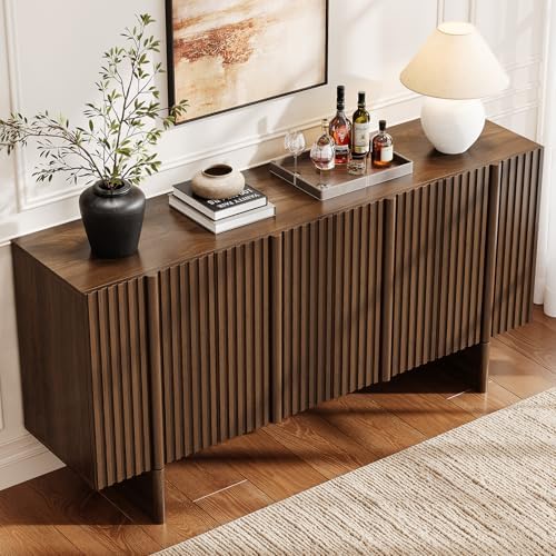 ONBRILL 63" Fluted Sideboard Cabinet with Storage Adjustable Shelves Walnut - Image 4
