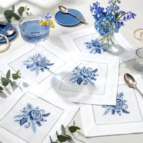 LemonRoad 6 Pcs Linen Cocktail Napkins Blue Floral Cloth Napkins Gifts for Women Embroidered Blue Floral Cotton Hemstitched Coasters for Wedding Tea Party Dining Table Decor, Washable, 6 x 6 Inch by Unknown