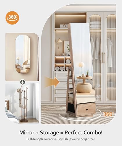 Nicetree 360° Swivel Jewelry Cabinet, Full Length Mirror, Lockable, Oak - Image 3