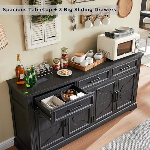 JXQTLINGMU 66" Farmhouse Buffet Cabinet with Storage, Sideboard Credenza, Carved Cloud-Inspired Doors, 3 Drawers & Adjustable Shelves, Coffee Bar Cabinet, Black - Image 4