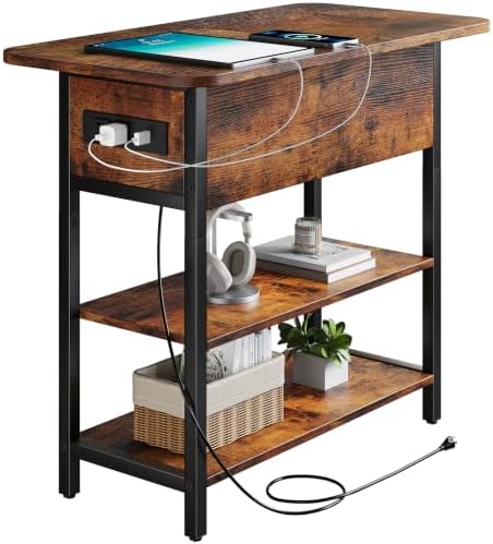 Yoobure End Table with Charging Station, Flip Top Side Table with USB Ports and Outlets, Sofa Couch Table Bedside Table for Living Room Bedroom, Narrow Nightstand with Storage Shelves for Small Space by Yoobure