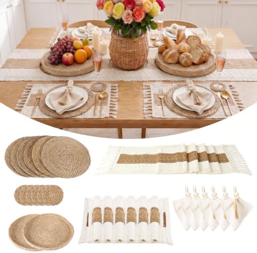 6 Set Boho Table Placemats, Natural Cotton Burlap Woven Mats with Tassels & Bead Napkin Rings, Farmhouse Macrame Table Decor for Autumn Dining, Wedding & Home Use by Gleom