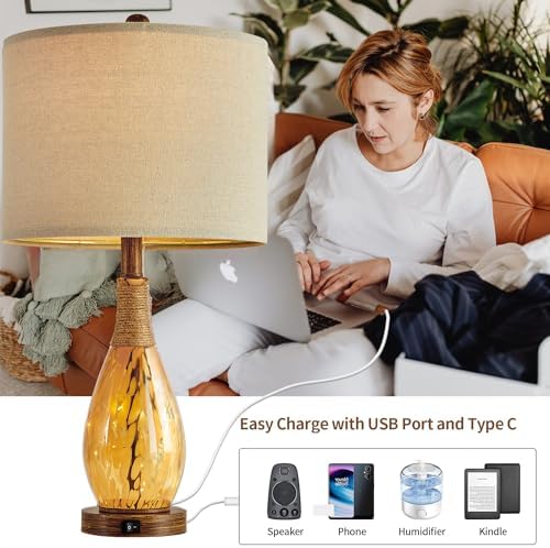 OYEARS 23" USB A+C Table Lamp for Bedroom Living Room Modern Bedside Lamps Retro Farmhouse Rattan Glass Nightstand Nightlight Lamps (Amber),Two Light Points - Image 3