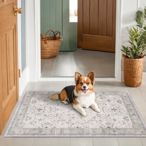 Washable 3x5 Large Bathroom Rug - Neutral Boho Geometric Area Rugs for Entryway, Kitchen, Bedroom Beside Bed, Laundry, Modern Vintage Eclectic Light Gray & Sage Floral Decor, Low Pile & Non-Slip Stain - Image 6
