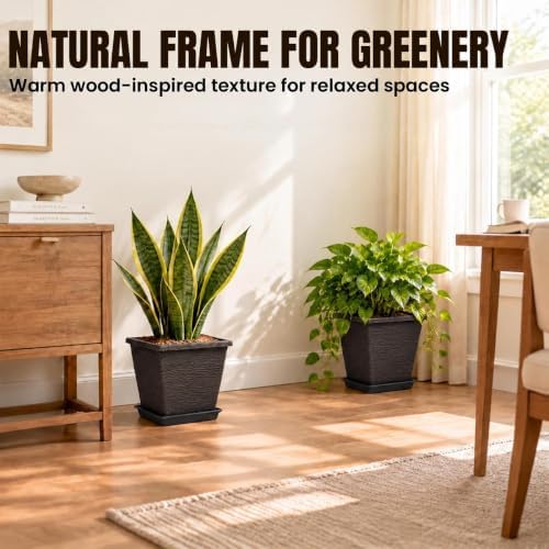 Usocik 10 Inch Square Planter Pots with Saucers, Coffee Brown, 4 Pack - Image 2