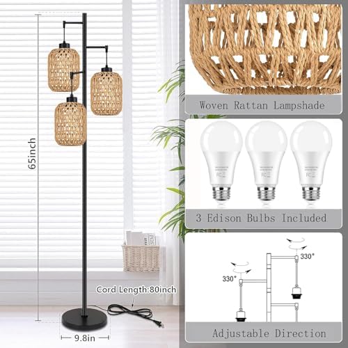 QIYIZM Floor Lamp for Living Room,Bedroom,Boho Rattan Tree 3 Lights Farmhouse Floor Lights,Industrial Black Standing Lamp Wicker Rustic Tall Lamp,Woven Bamboo LampShade Floor Lamps Bohemian - Image 5