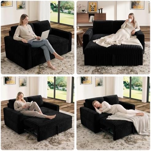 HONBAY Modular Pull Out Sofa Bed,Corduroy Loveseat, Couches for Living Room,Black - Image 4