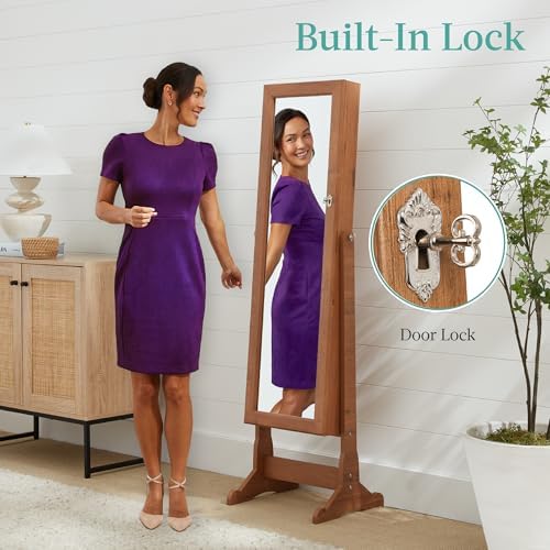 Best Choice Products Freestanding Jewelry Armoire Cabinet, Full Length Standing Mirror, Lockable Makeup Storage Organizer, w/Velvet Lining, 3 Angles, Lock, Accessory Pouch, 5 Shelves - Natural Oak - Image 4