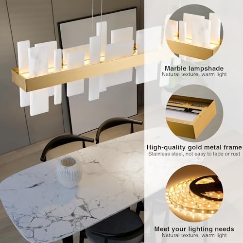 Alabaster Rectangle Chandelier, Natural Spanish Stone Texture Chandeliers, 46.8" Adjustable Alabaster Chandelier Over Table for Dining Room, Bedroom, Island– Modern Luxury Ceiling Lighting - Image 4