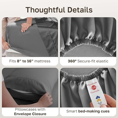 California Design Den Soft 100% Cotton Sateen King Sheets, 6 Pcs Set, Grey - Image 4