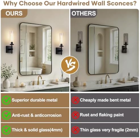 Hardwired Wall Sconces, Black Bathroom Sconces Wall Lighting with Clear Glass, Modern Sconces Wall Decor Set of 2 Bathroom Light fixtures for Mirror Hallway - Image 2