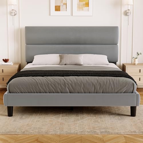 GRUSIGN Queen Size Platform Bed Frame with Velvet Headboard, Adjustable Height Wooden Slats Support, Upholstered Mattress Foundation, Fits Mattress or Mattress with Box Spring, Easy Assembly, Grey by GRUSIGN