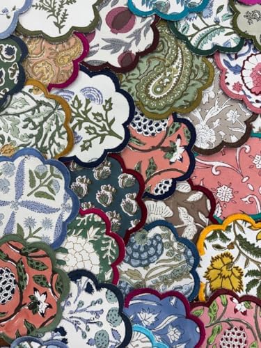 Ridhi 10-Pcs Mix 100% Cotton Hand Block Print Drink Coasters 5" in Scallop by Ridhi