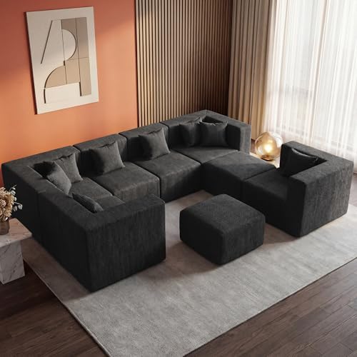 MONVANE Modular Sectional Sofa, Oversized 8 Seat Convertible U Shaped Couch with Ottoman, Comfy Chenille Cloud Couch with Deep Seat, Sectional Couches for Living Room, No Assembly Required, Black - Image 2