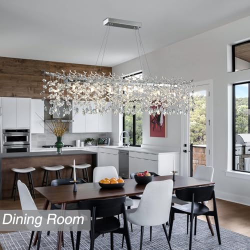 60" Silver Crystal Chandelier, 16-Light Modern Tree Branch Chandeliers, Rectangular Chandelier for Dining Room, Kitchen Island, Living Room, Foyer, Entryway, Luxury K9 Crystal Raindrop Light Fixture - Image 2