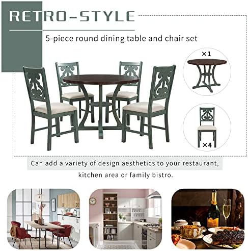 Harper & Bright Designs Retro Style Round Kitchen Dining Table Set for 4, 5 Piece Round Dining Table and 4 Fabric Chairs with Special-Shaped Table Legs and Storage Shelf, Antique Blue/Dark Brown - Image 5