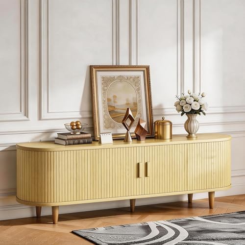 MXV 65" TV Stand with Sliding Doors for Living Room, Mid Century Modern Entertainment Center, TV Console with Fluted Door Cabinets and Power Outlet, Oak - Image 6