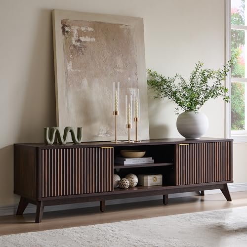 OKD 70" Mid Century Modern Fluted TV Stand w/ 2 Soft Close Door,Dark Walnut by OKD
